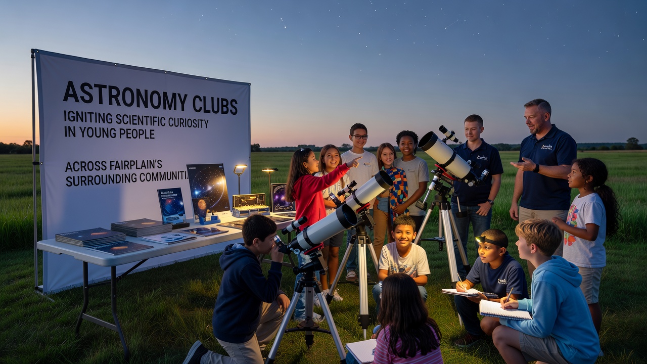 Students examine captured images of the night sky on a laptop during an astronomy club workshop in a Fairplain-area community center